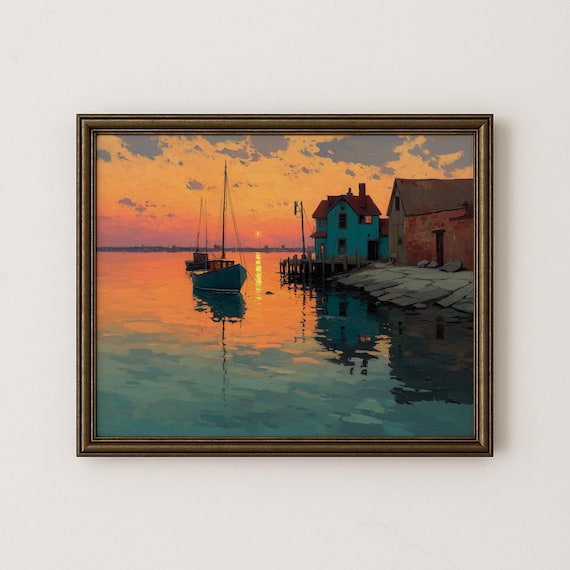 Fishing Boats Sunset Harbor Orange Sky Coastal Seascape Art Poster