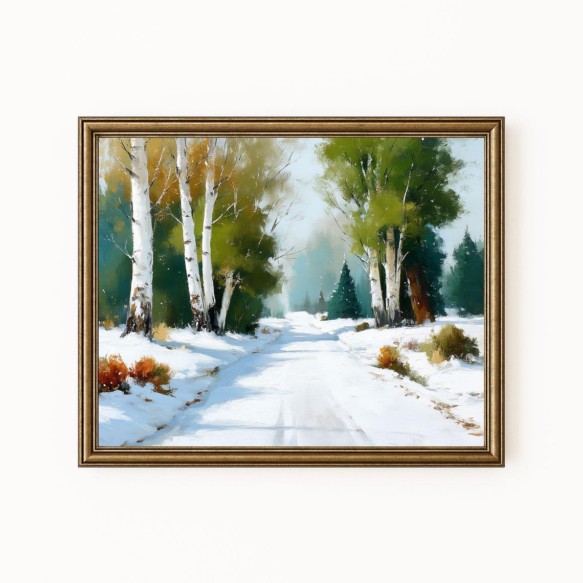 Snowy Birch Forest Road Winter Sunlight Landscape Art Poster