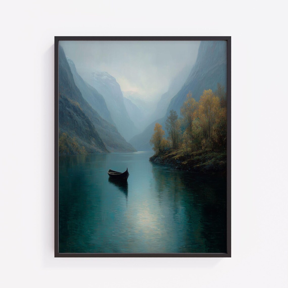 Lone Boat on Misty Mountain Lake Serene Fjord Landscape Art Poster