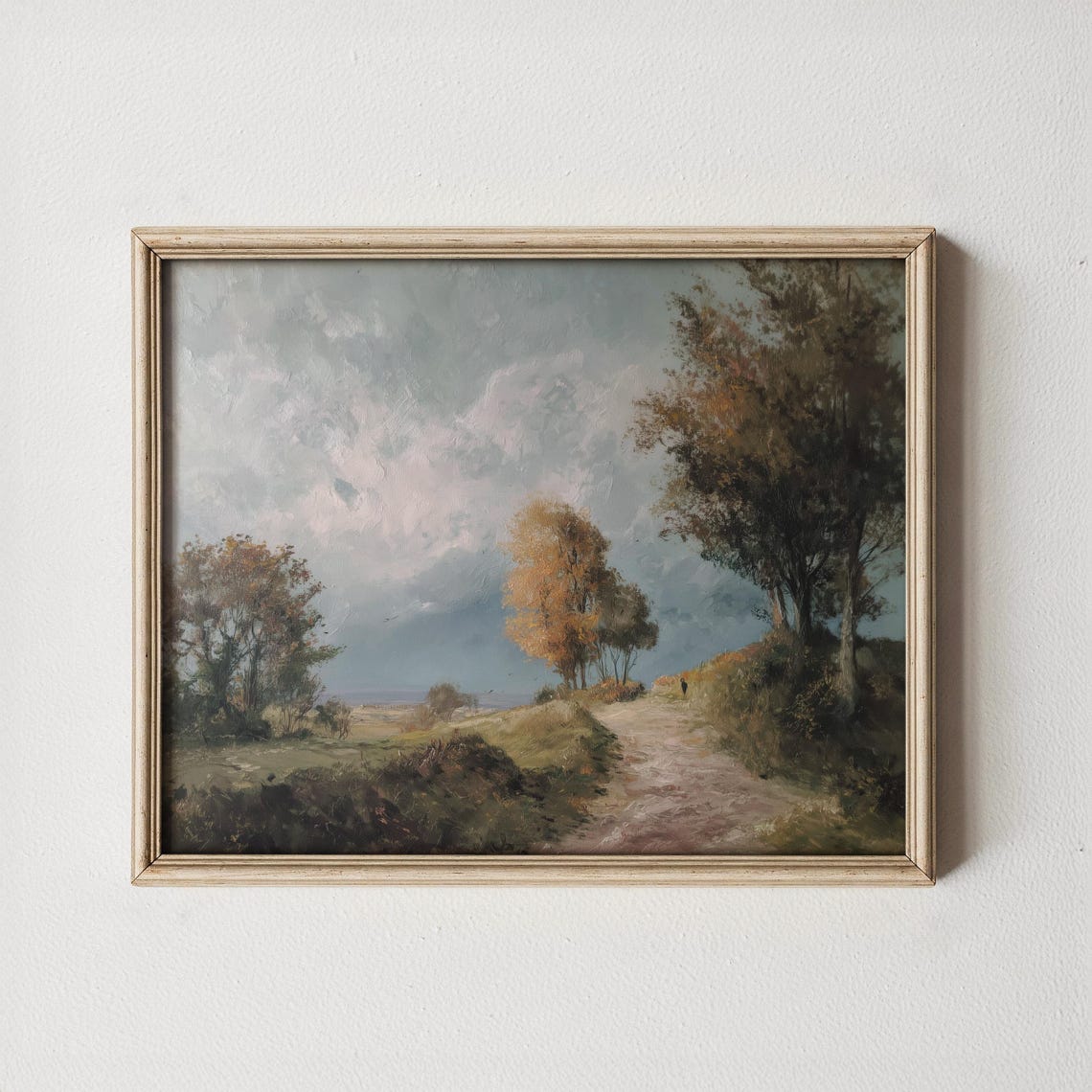 Rustic Winding Path To Golden Autumn Tree Vintage Landscape Art Pastoral Country Scene Moody Fall Decor 432