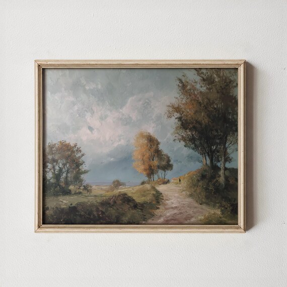 Rustic Winding Path To Golden Autumn Tree Vintage Landscape Art Pastoral Country Scene Moody Fall Decor 432