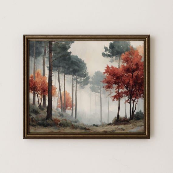 Autumn Forest Watercolor Print Vintage Landscape Wall Art