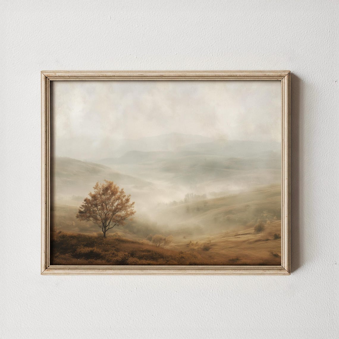 Vintage Autumn Landscape Art Foggy Lone Tree Print