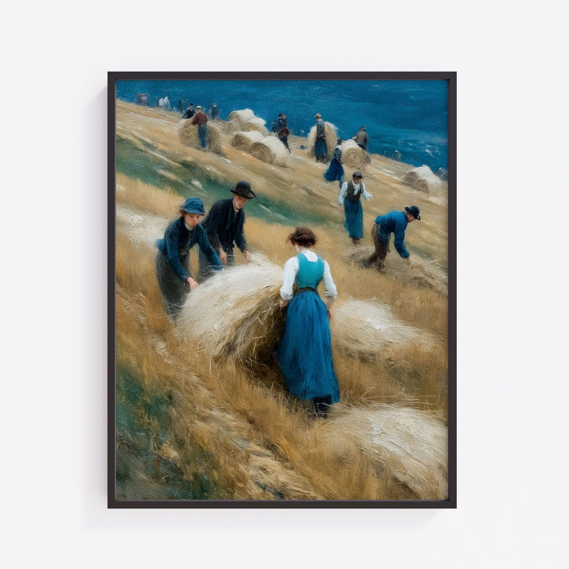 Vintage Hay Harvest Rolling Bales Hillside Workers Rustic Farm Poster