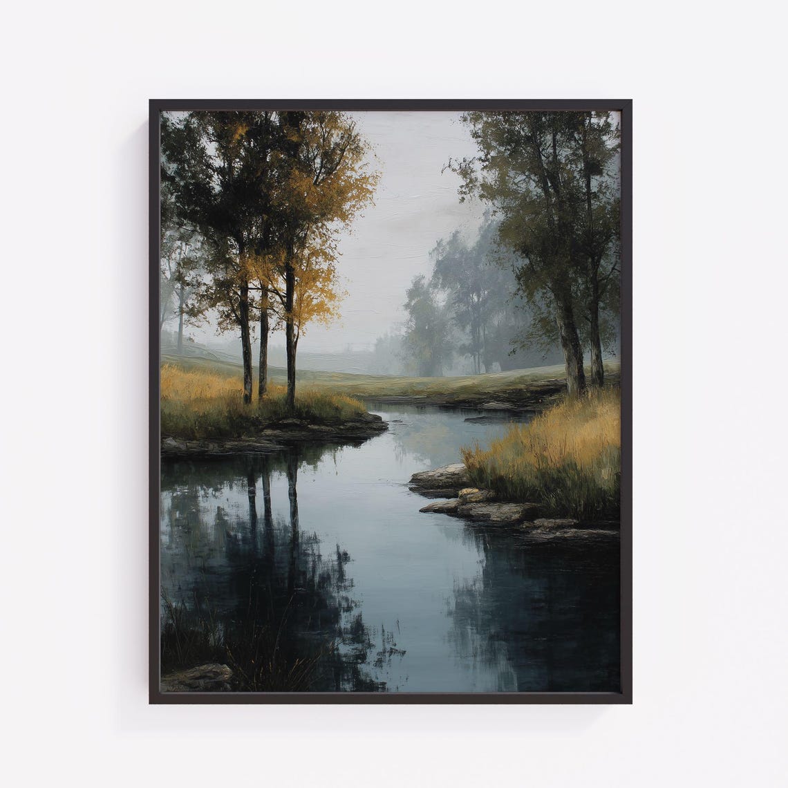 Foggy Autumn Pond Tall Dark Trees Golden Grass Moody Landscape Poster
