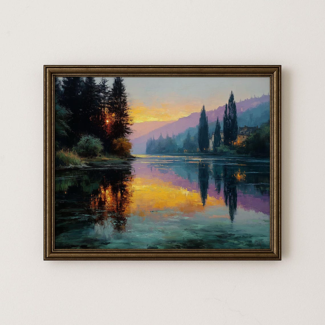 Autumn Lakeshore Sunrise Art Print Rustic Amber Landscape 199