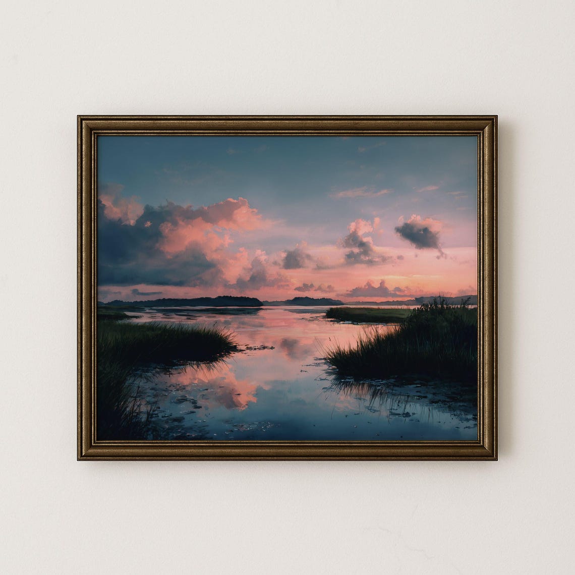 Pink Sunset Marsh Wetland Water Reflection Landscape Art Poster