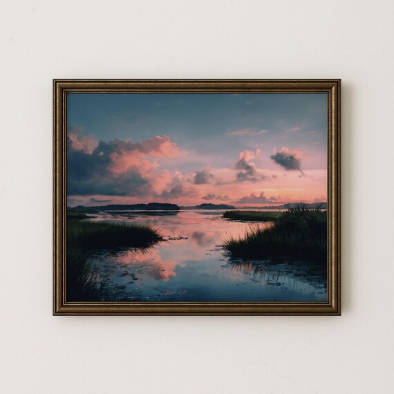 Pink Sunset Marsh Wetland Water Reflection Landscape Art Poster