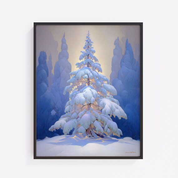 Moody Christmas Tree With Warm Lights Snowy Winter Night Holiday Poster
