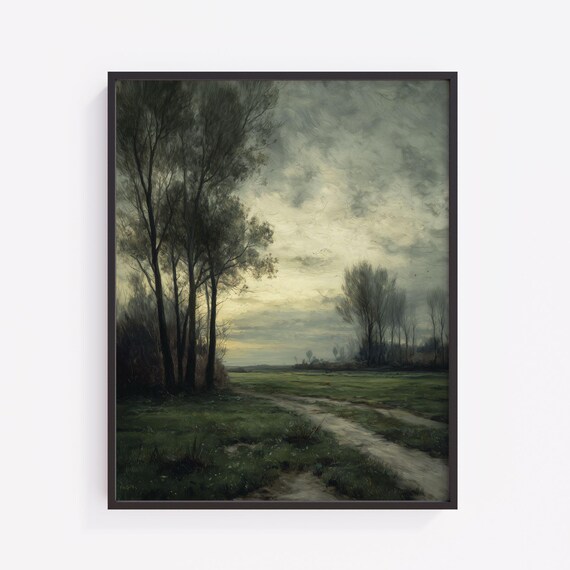 Moody English Countryside Landscape Vintage Farmhouse Wall Art Rustic With Slender Trees Neutral Decor 393