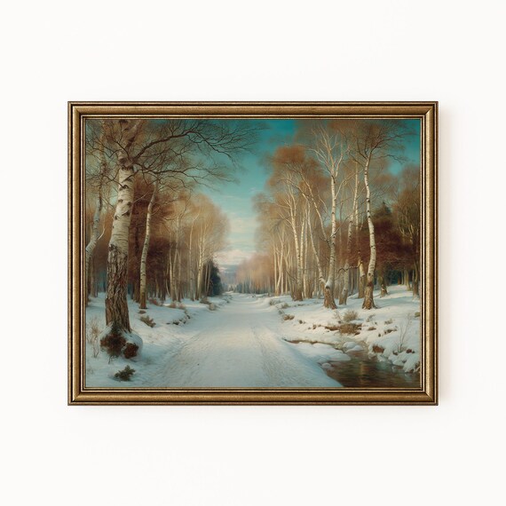 Bare Birch Winter Country Road Snow Covered Lane Vintage Oil Art Print