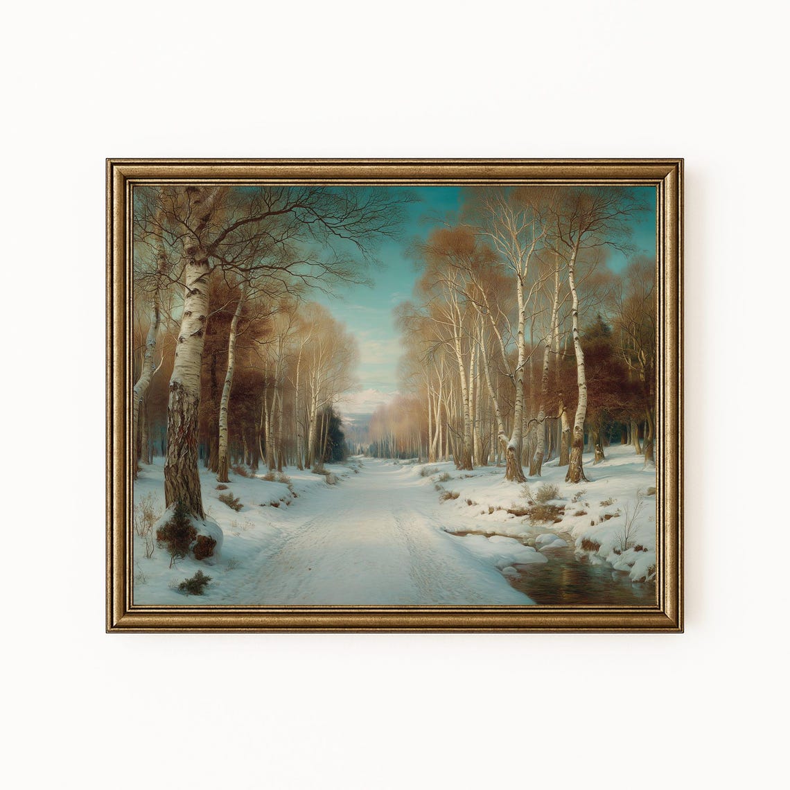 Bare Birch Winter Country Road Snow Covered Lane Vintage Oil Art Print