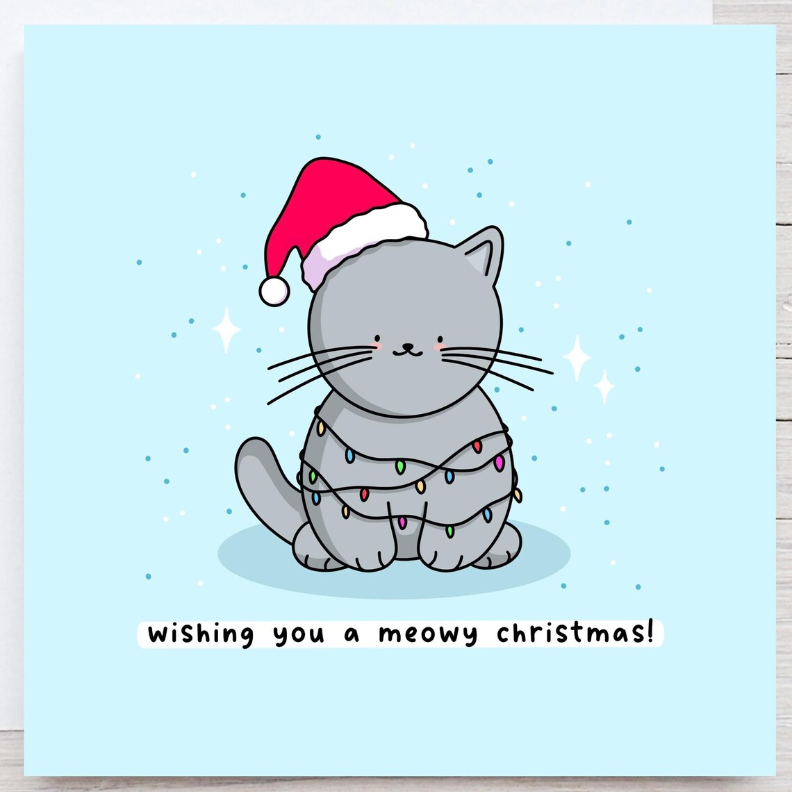 Wishing You A Meowy Christmas Kawaii Grey Cat Santa Hat Poster