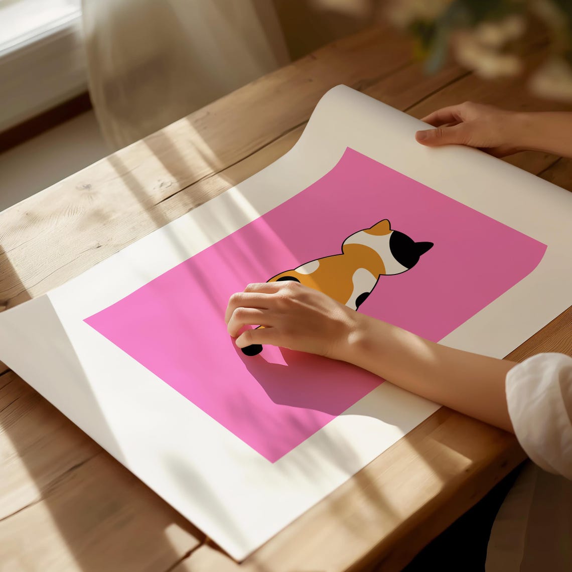 Calico Cat Back View on Pink Minimalist Pop Art Style Poster - Image 4