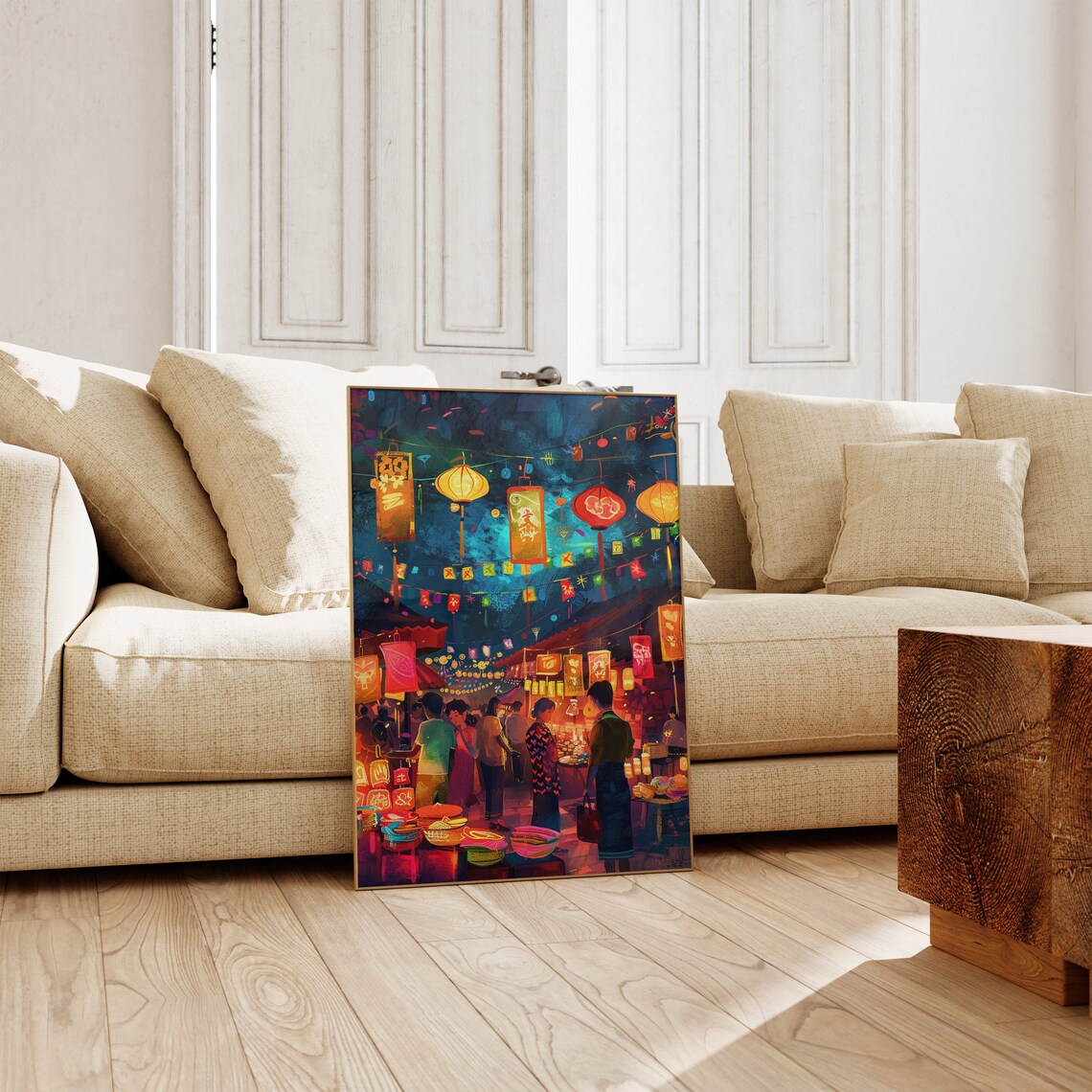 Asian Lantern Night Market Street Food Festival Painting Poster - Image 3