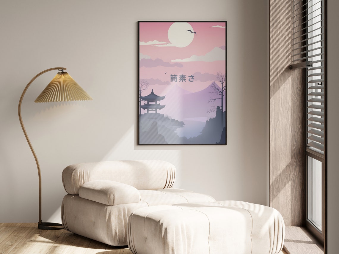 Japanese Pagoda Sunset Pink Sky Mountain Temple Silhouette Poster - Image 4