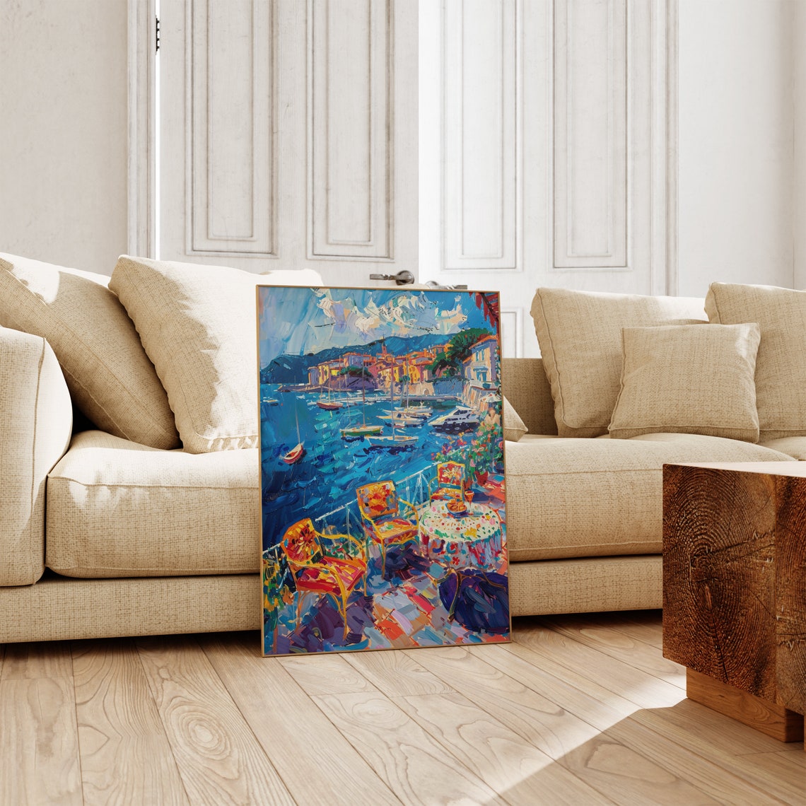 Mediterranean Harbor Town Boats Cafe Terrace Vibrant Art Poster - Image 3