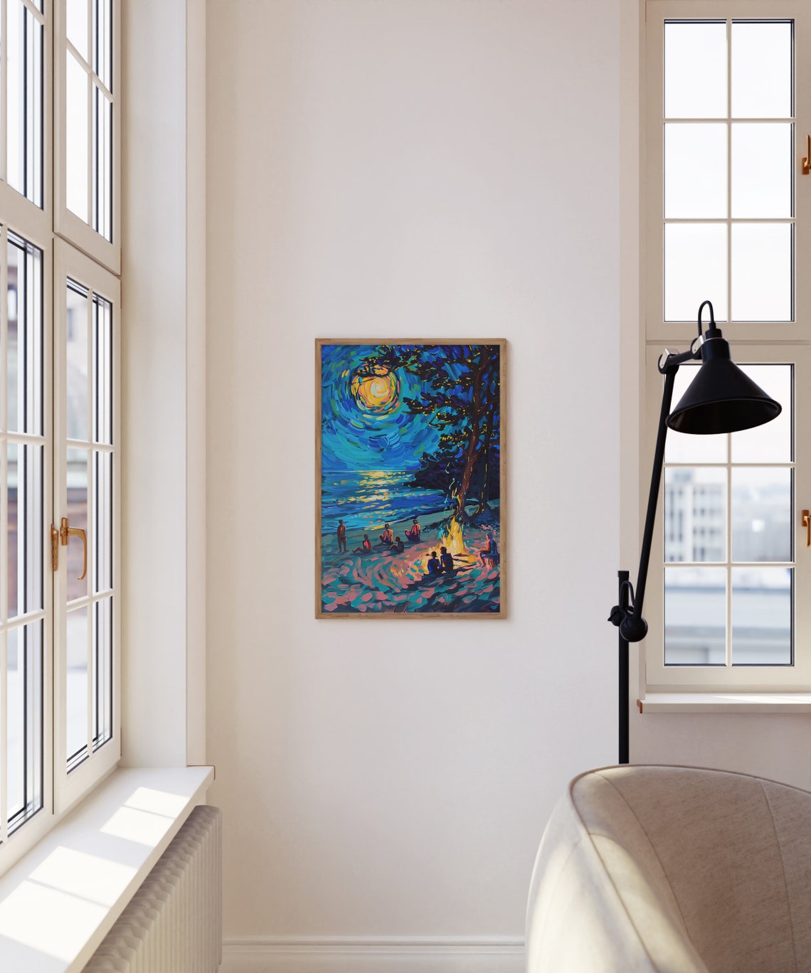 Night Beach Campfire with Friends Under Bright Moon Art Poster - Image 3