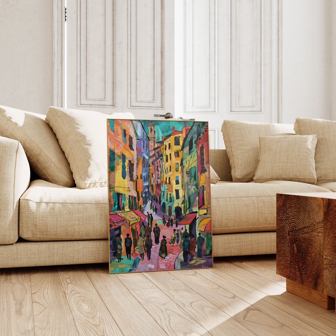 Colorful Old Town Street Market Awnings Crowd Painting Poster - Image 5