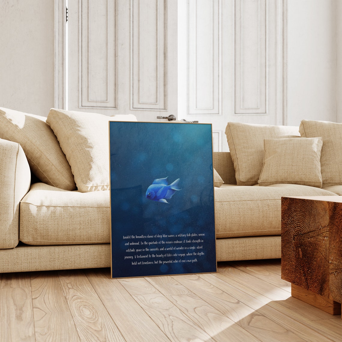 Solitary Blue Fish Deep Ocean Inspirational Poetry Art Poster - Image 2