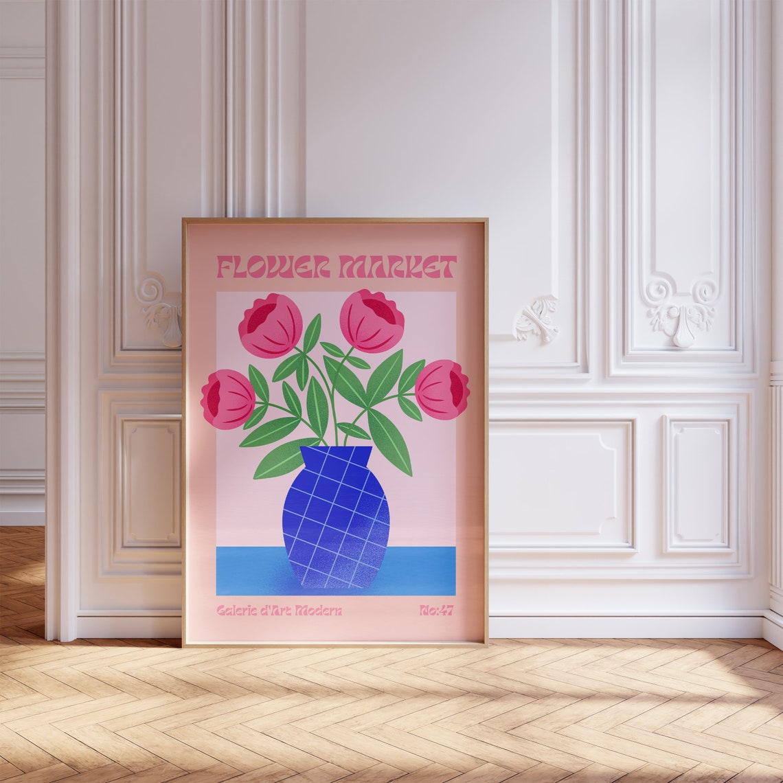 Flower Market No 47 Pink Tulips Blue Grid Vase Peach Art Poster - Image 5