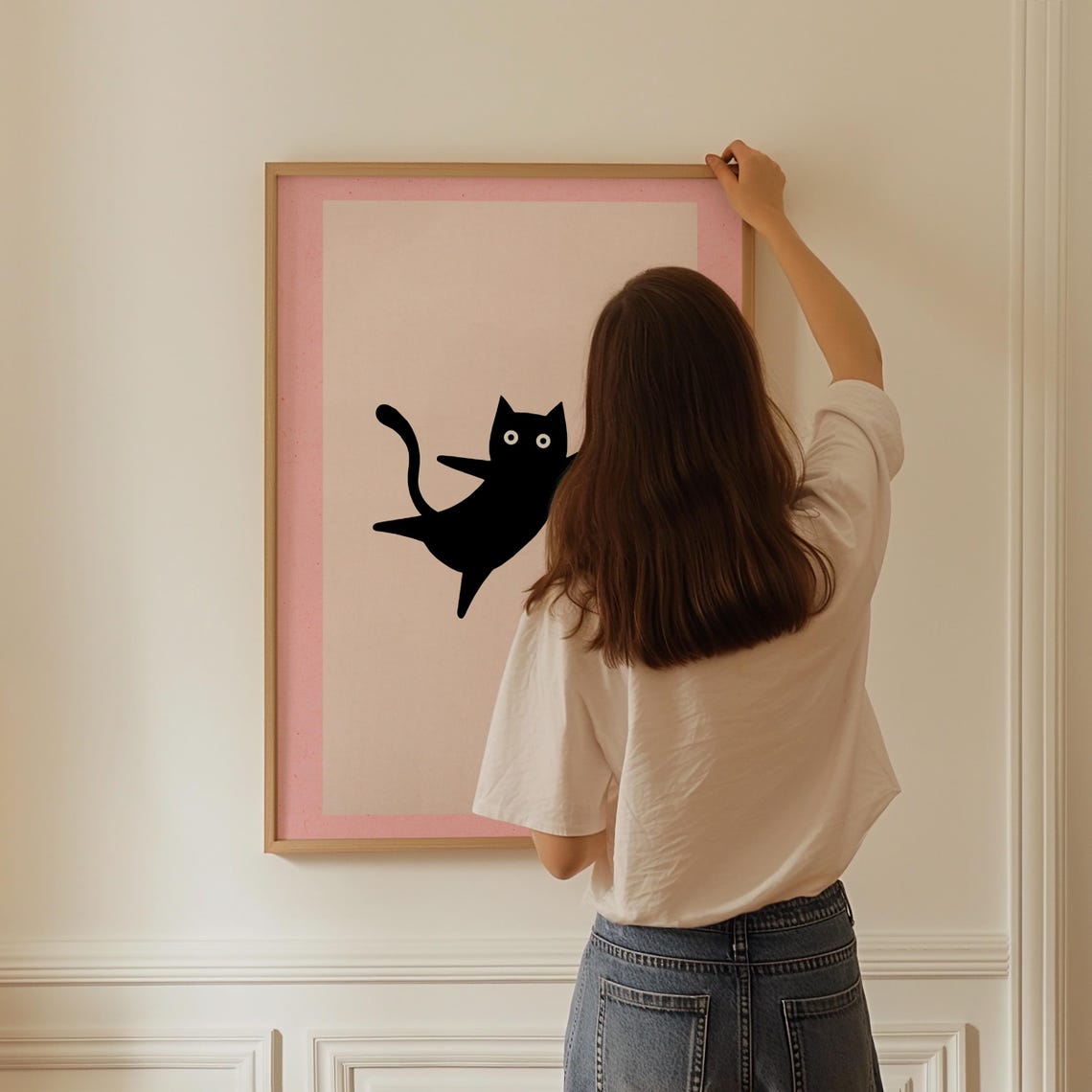 Black Cat Jumping Toward Mona Lisa Funny Pink Minimalist Poster - Image 3