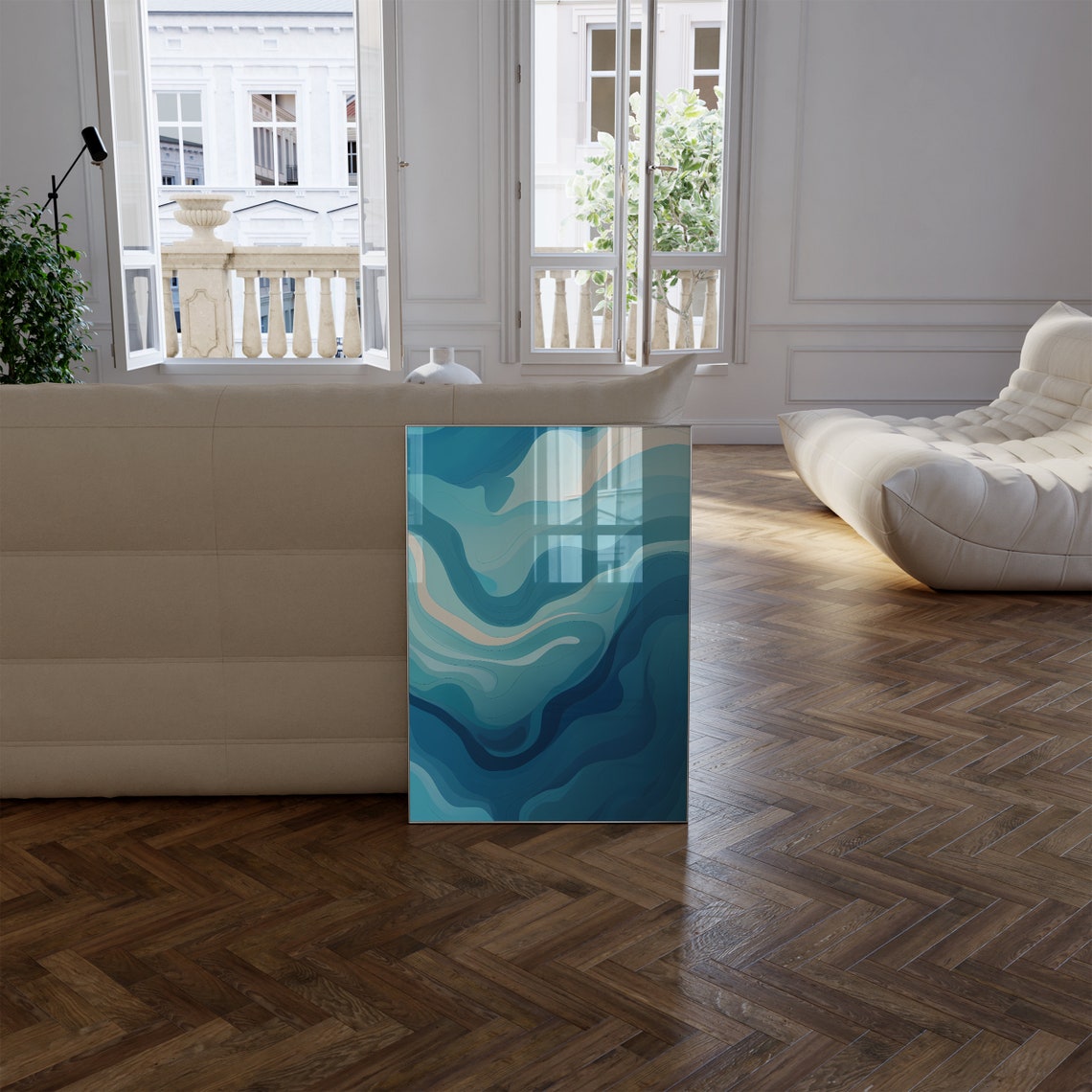 Blue White Ocean Waves Serene Coastal Abstract Modern Art Poster - Image 2