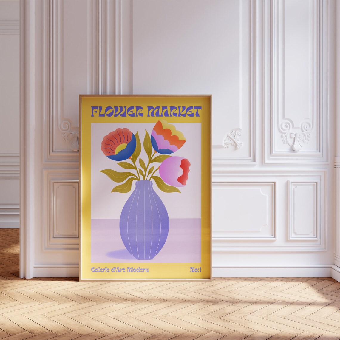 Flower Market Groovy Yellow Blue Vase Poppy Bouquet Retro Poster - Image 5