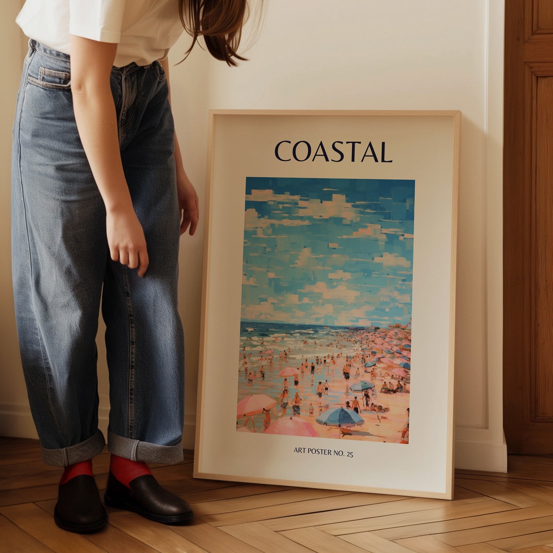 Coastal Deep Blue Sky Crowded Beach Umbrellas Art Poster No. 25 - Image 3