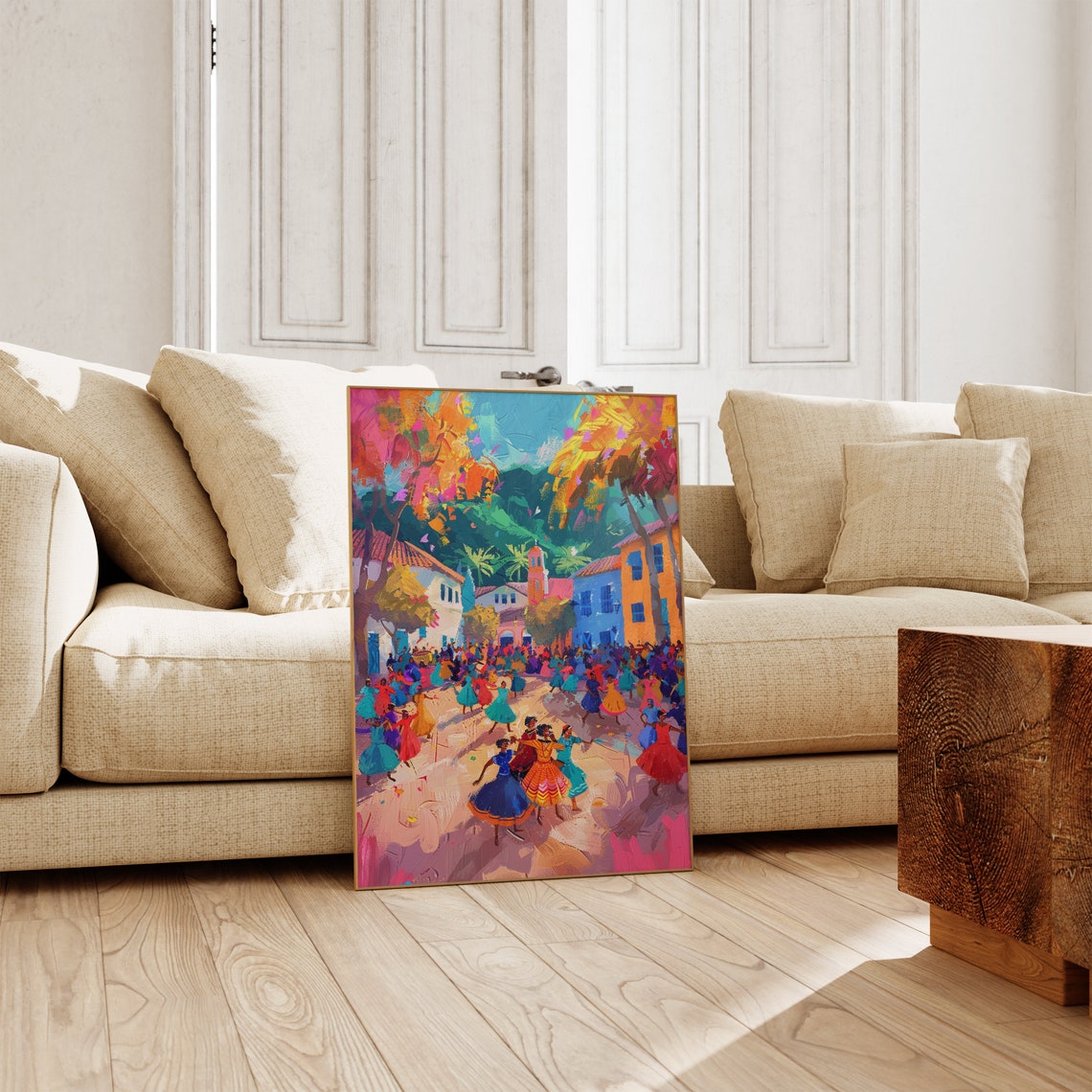 Village Street Dance Celebration Colorful Tropical Painting Poster - Image 2