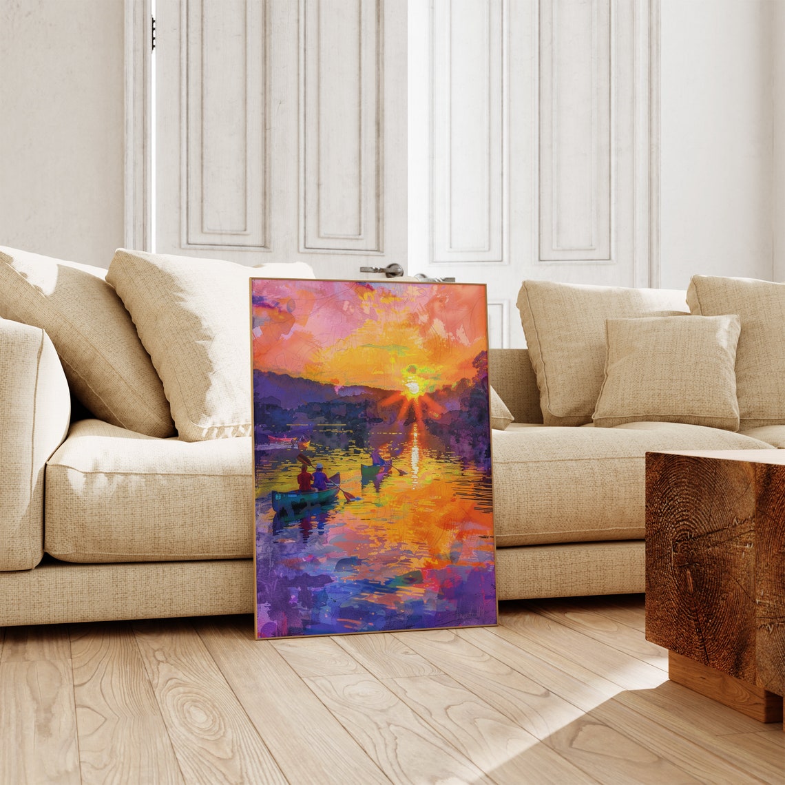 Kayakers on Sunset Lake with Pink and Purple Reflections Art Poster - Image 2