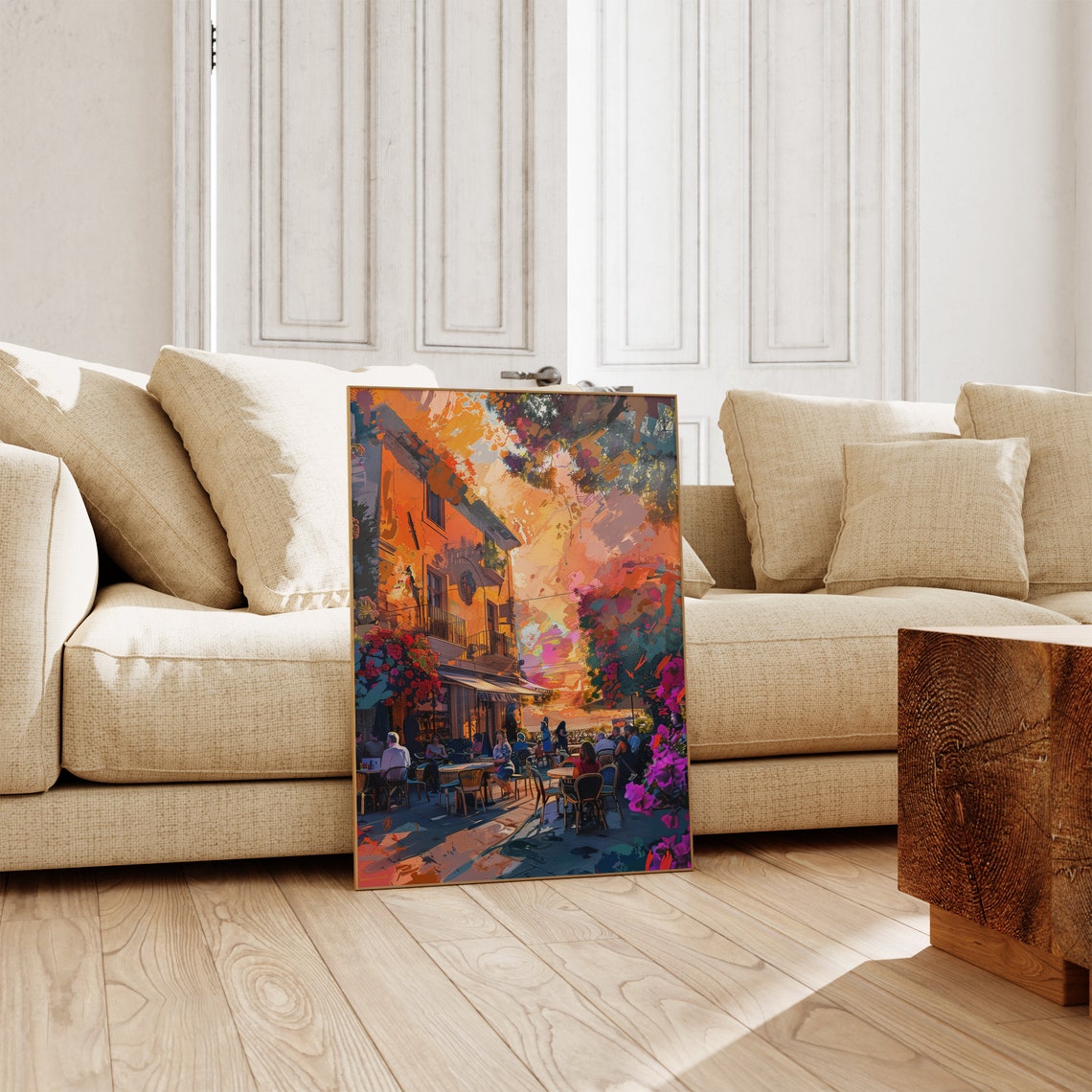 Sunlit European Cafe Street Corner with Flowers Painting Art Poster - Image 2