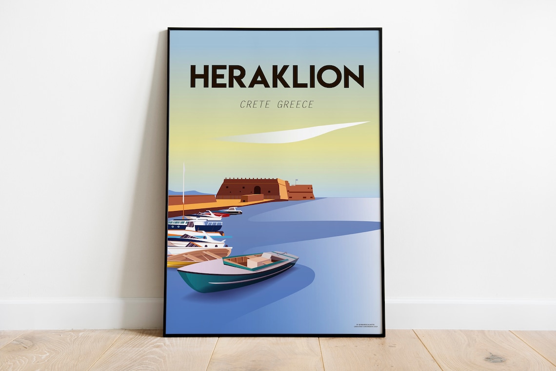 Heraklion Crete Greece Sunset Harbor Boats Old Fortress Poster