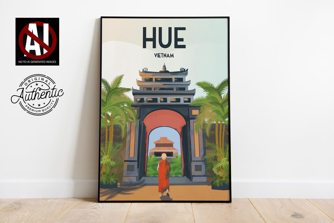 Hue Vietnam Imperial Gate Monk Tropical Illustration Travel Poster - Image 3