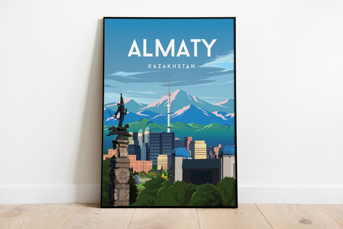 Almaty Kazakhstan Travel Poster Mountains Tower City Skyline Art