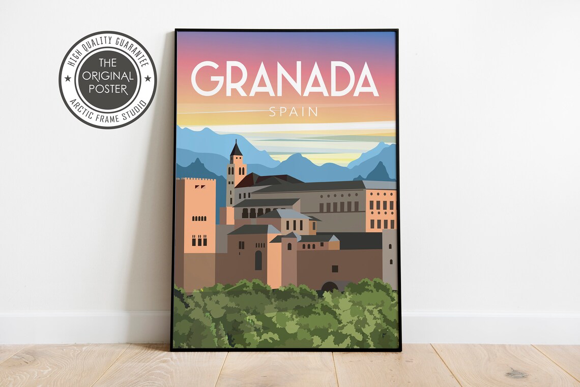 Granada Spain Alhambra Palace Fortress Mountain Travel Poster