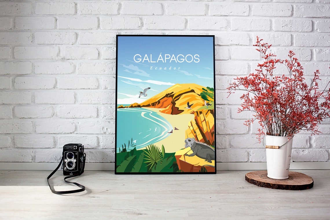 Galapagos Ecuador Travel Poster Iguana Beach Cliffs Wildlife - Image 3