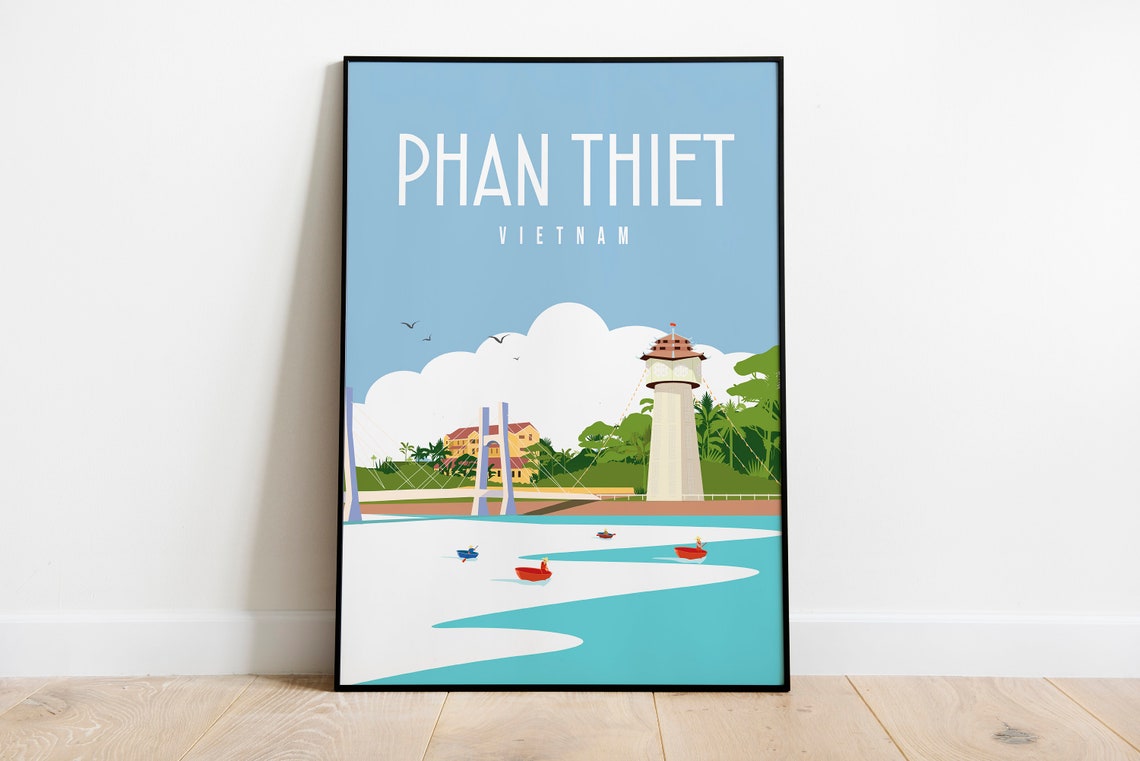 Phan Thiet Vietnam Travel Poster Lighthouse River Boats Scene