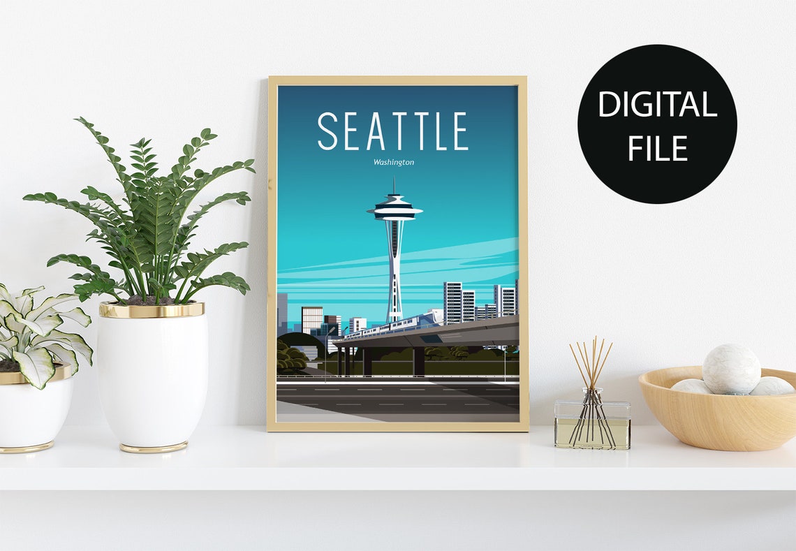 Seattle Washington Travel Poster Space Needle Skyline Sunset Art
