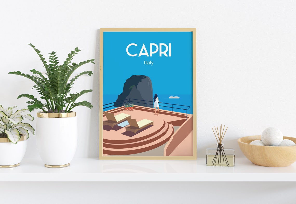 Capri Italy Seaside Terrace Rock Cliffs Ocean Retro Travel Poster - Image 2