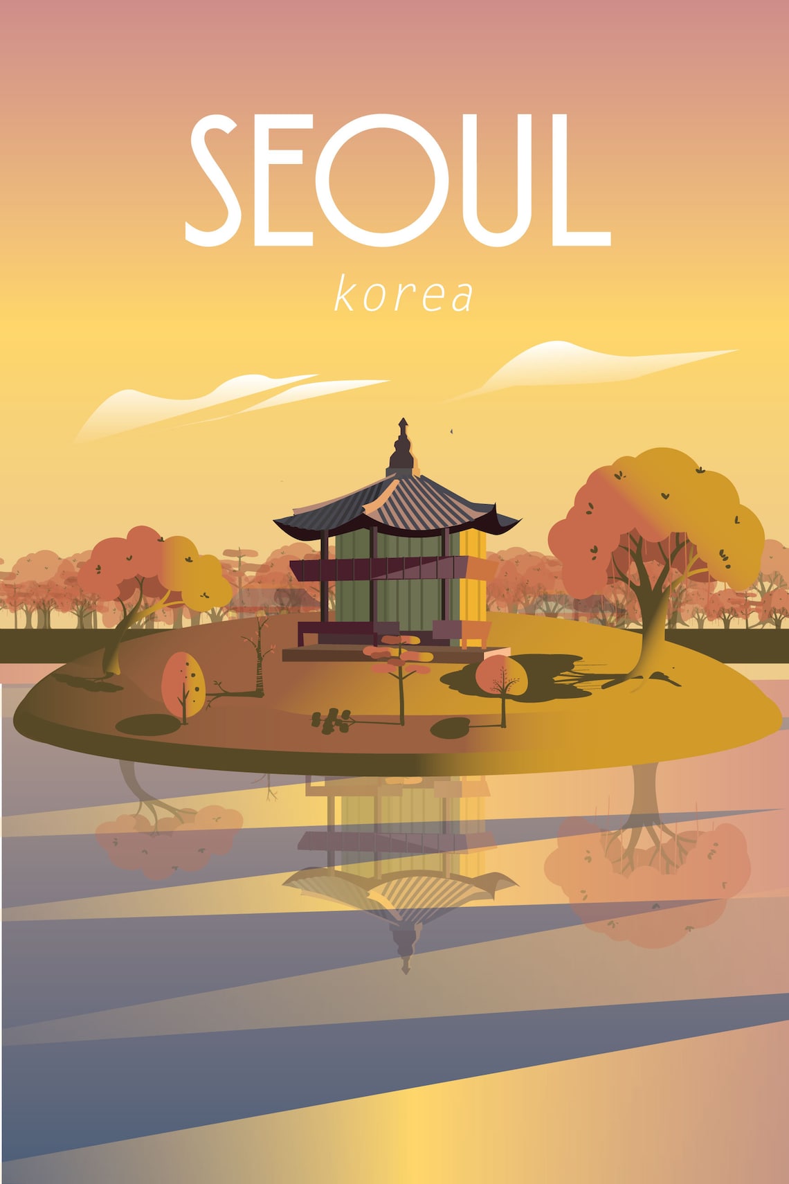 Seoul Korea Travel Poster Sunset Pagoda Lake Reflection Scene - Image 2