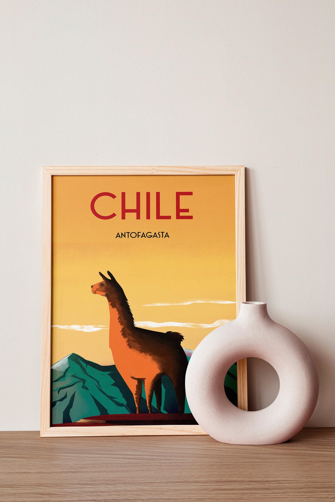 Chile Antofagasta Llama Travel Poster Andes Sunset Mountain Art - Image 2