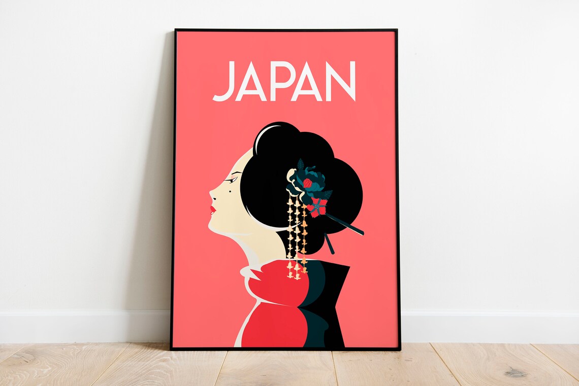 Japan Geisha Portrait Elegant Red Profile Vintage Travel Poster