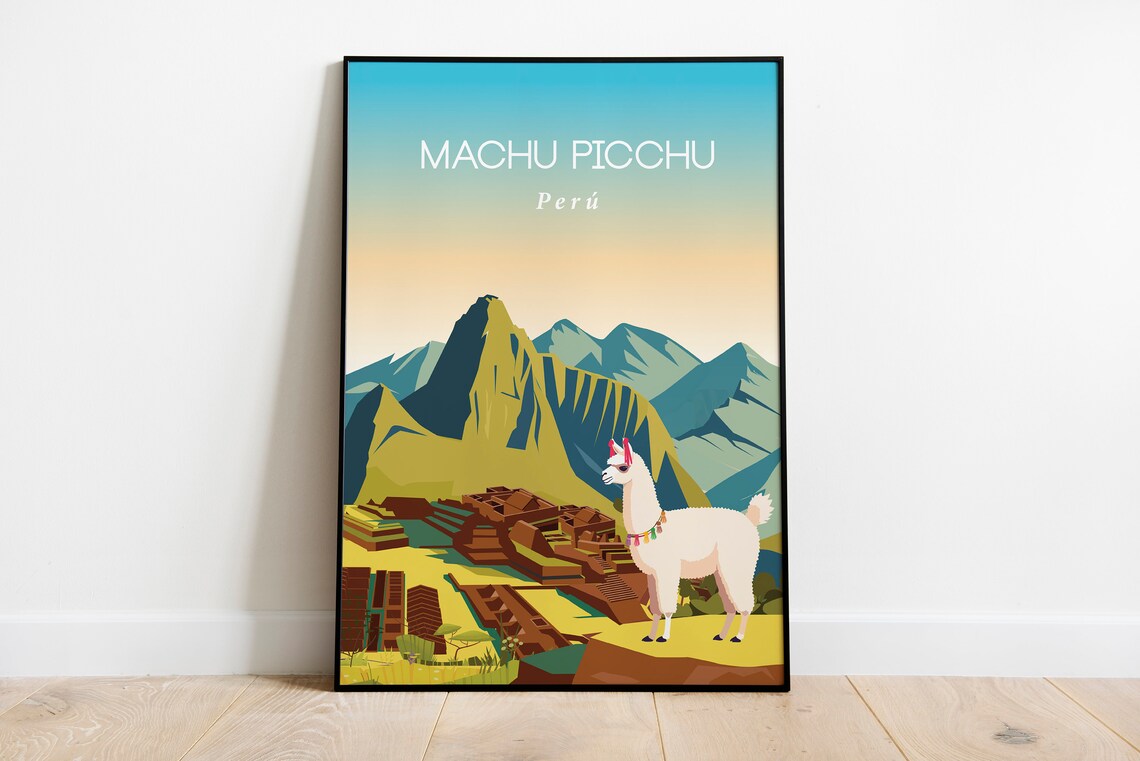 Machu Picchu Peru Travel Poster Inca Ruins Llama Andes Scene