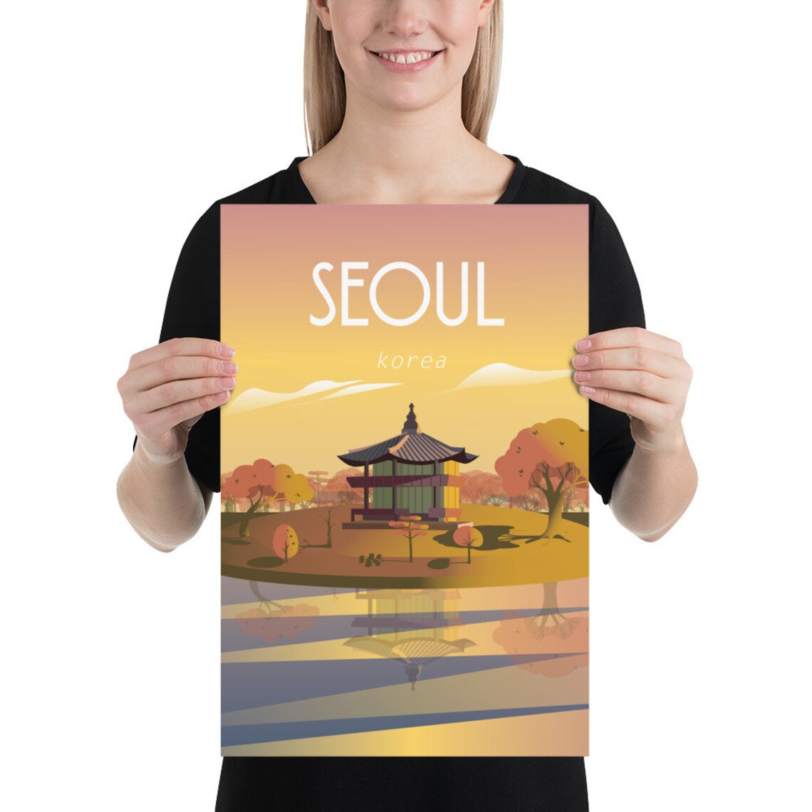 Seoul Korea Travel Poster Pagoda Lake Autumn Sunset Serene Scene - Image 3