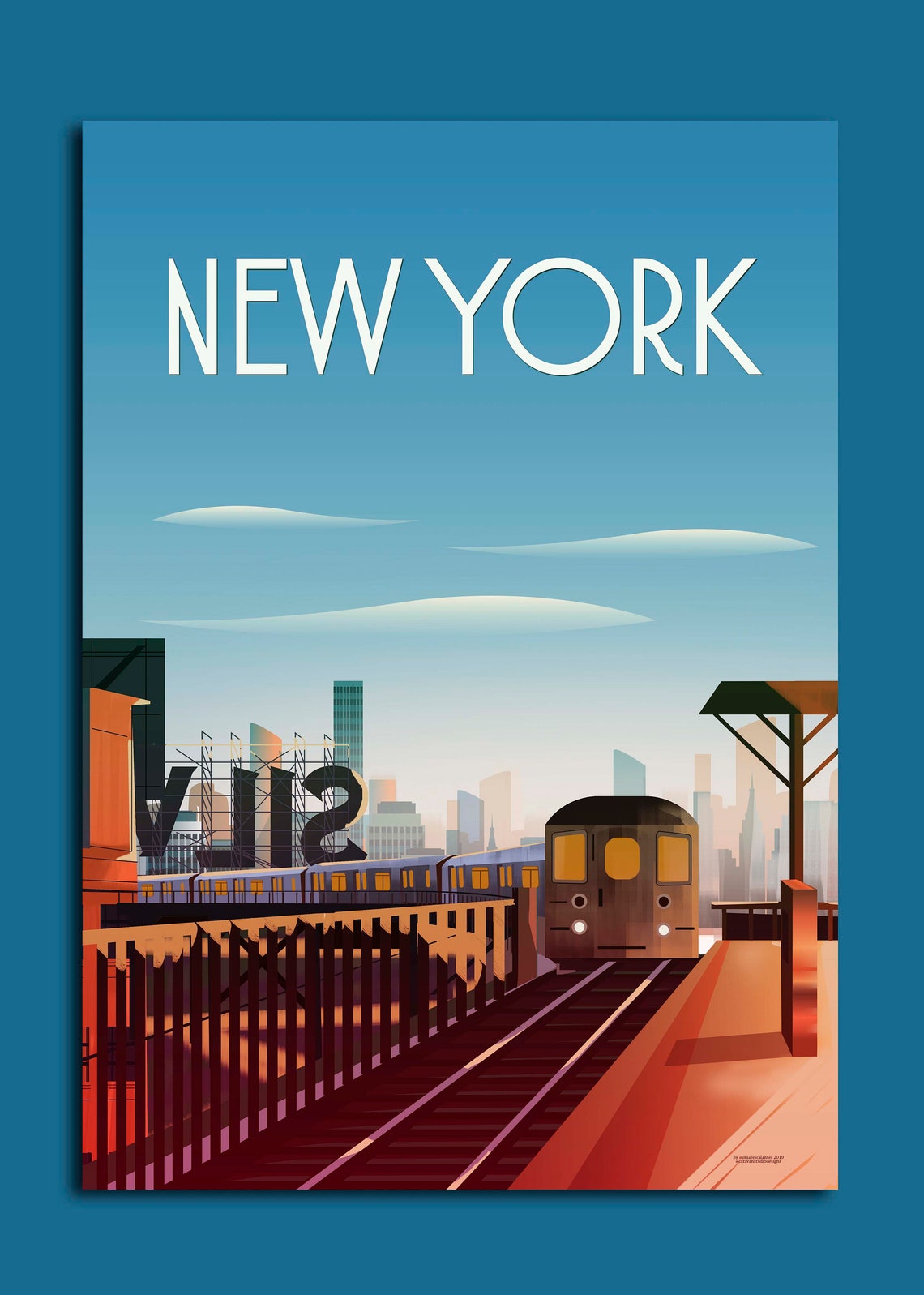 New York City Subway Travel Poster Elevated Train Sunset Scene - Image 2