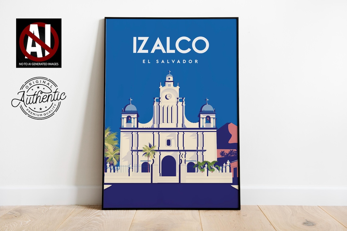 Izalco El Salvador Colonial Church Blue Sky Illustration Travel Poster