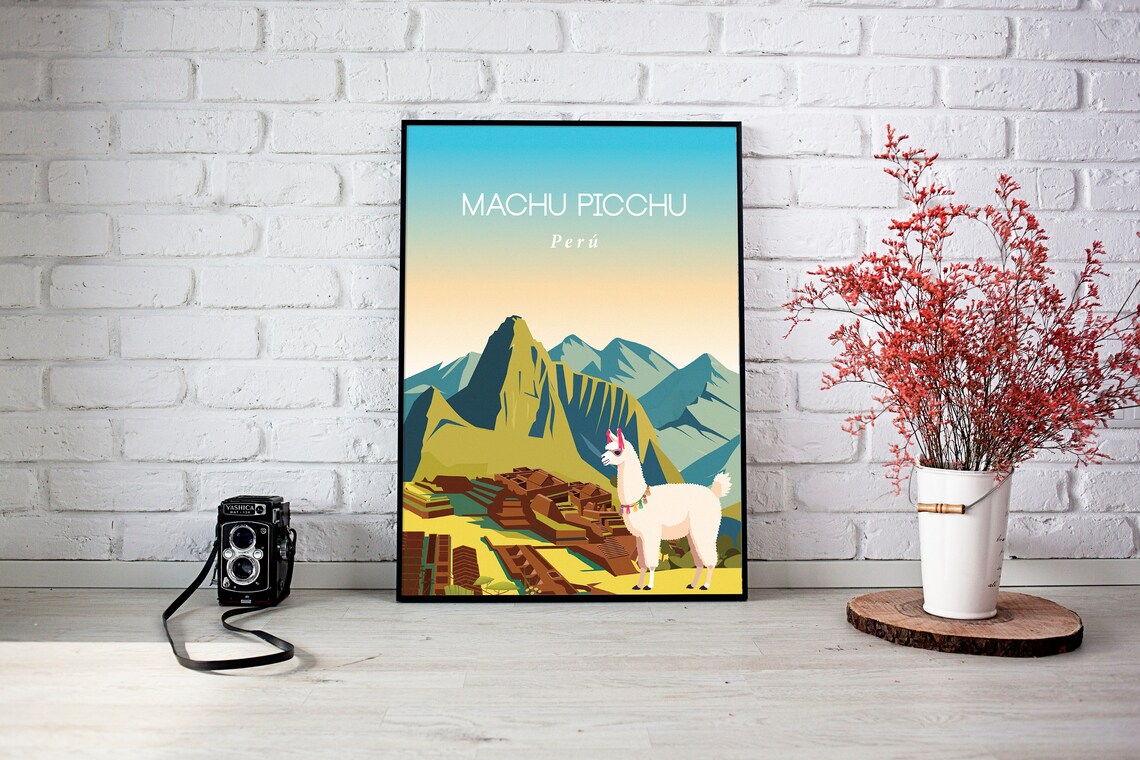 Machu Picchu Peru Travel Poster Inca Ruins Llama Andes Scene - Image 3