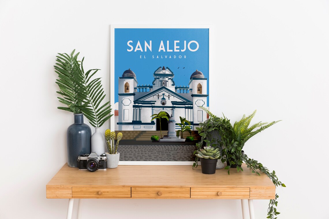 San Alejo El Salvador White Colonial Church Bells Travel Poster - Image 2