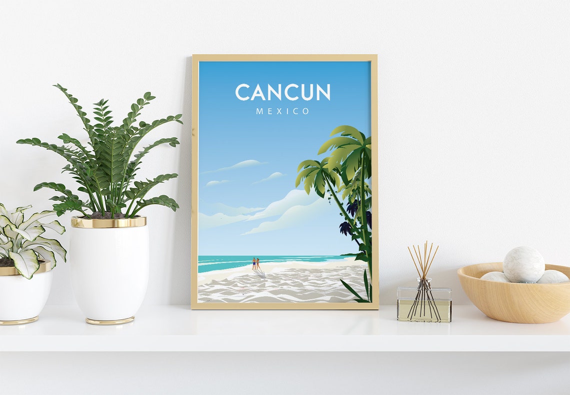 Cancun Mexico White Sand Beach Palm Trees Shore Travel Poster - Image 2